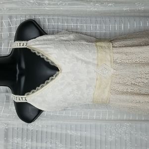 White & Cream Mixed Lace Boho Formal Spaghetti Strap Dress Sz M/L
